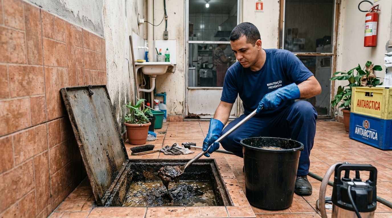 Equipe de limpeza de caixa de gordura em Joinville-SC